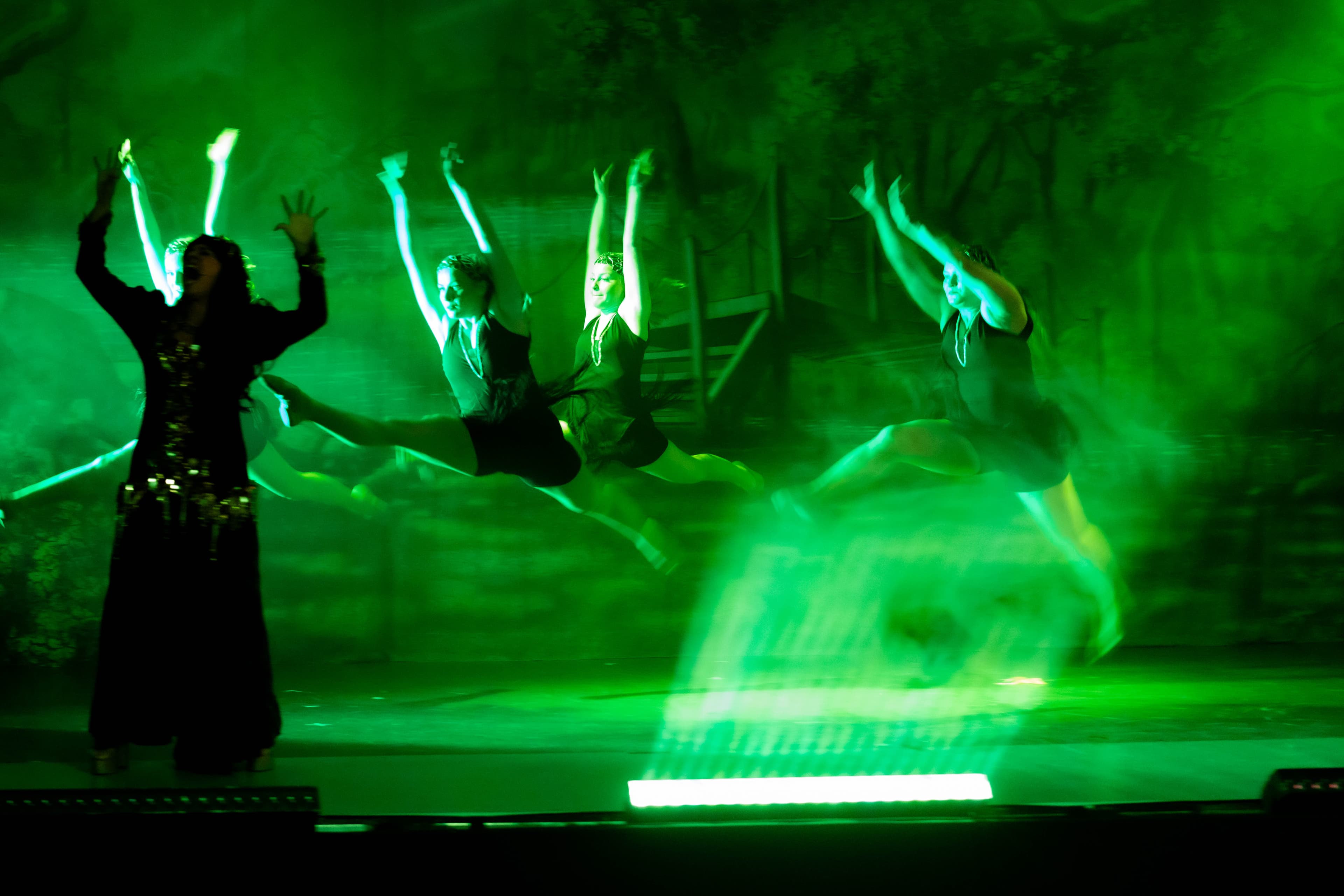 The Principal Dancers are caught mid-leap during a dance while Mother Gothel sings a solo. The stage is dramatically lit in green.
